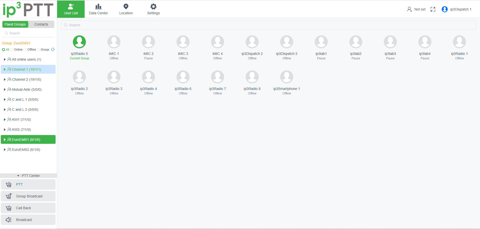 ip³PTT dispatch console — user list with online status and call controls