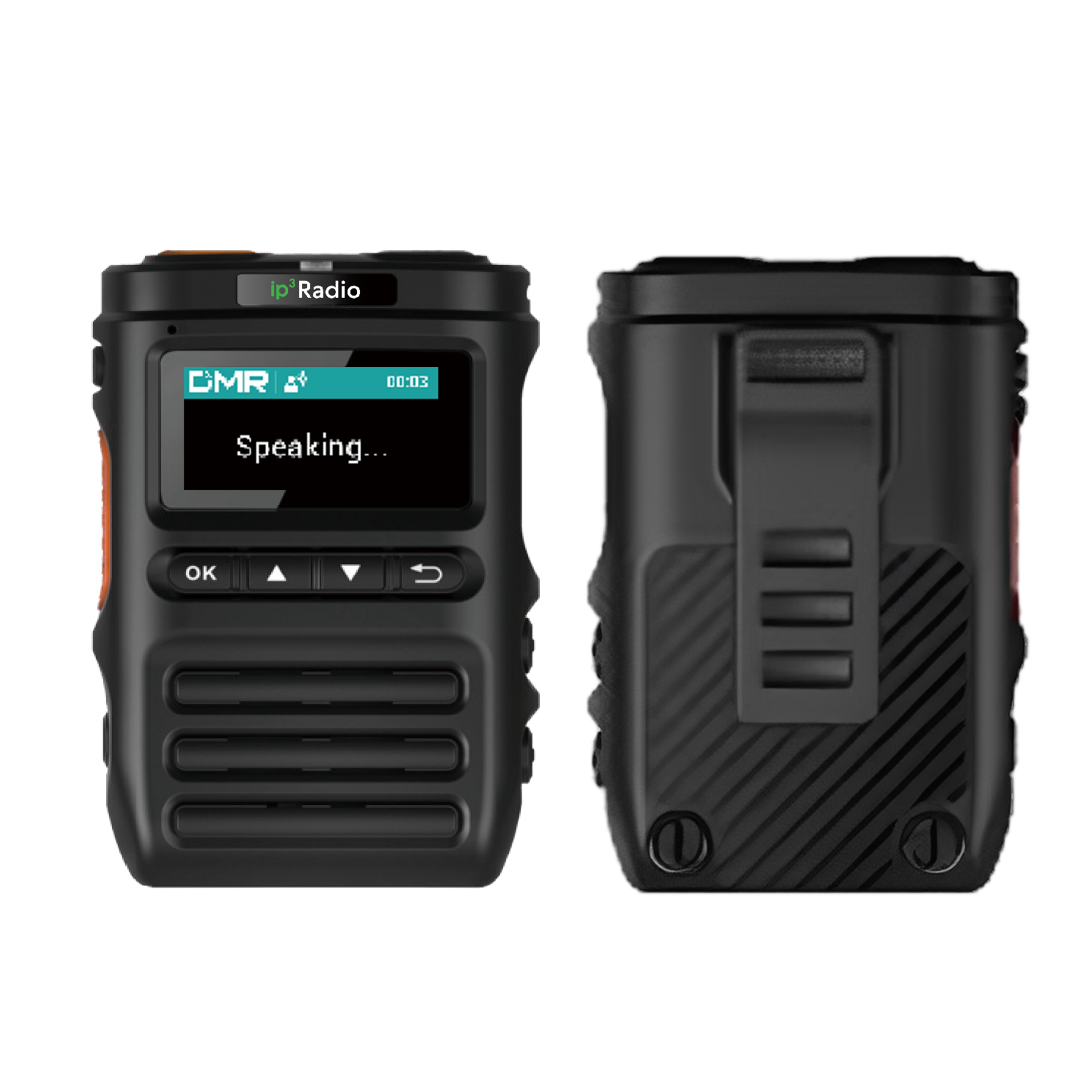 InteliMIC front and back view showing display, control buttons and belt clip