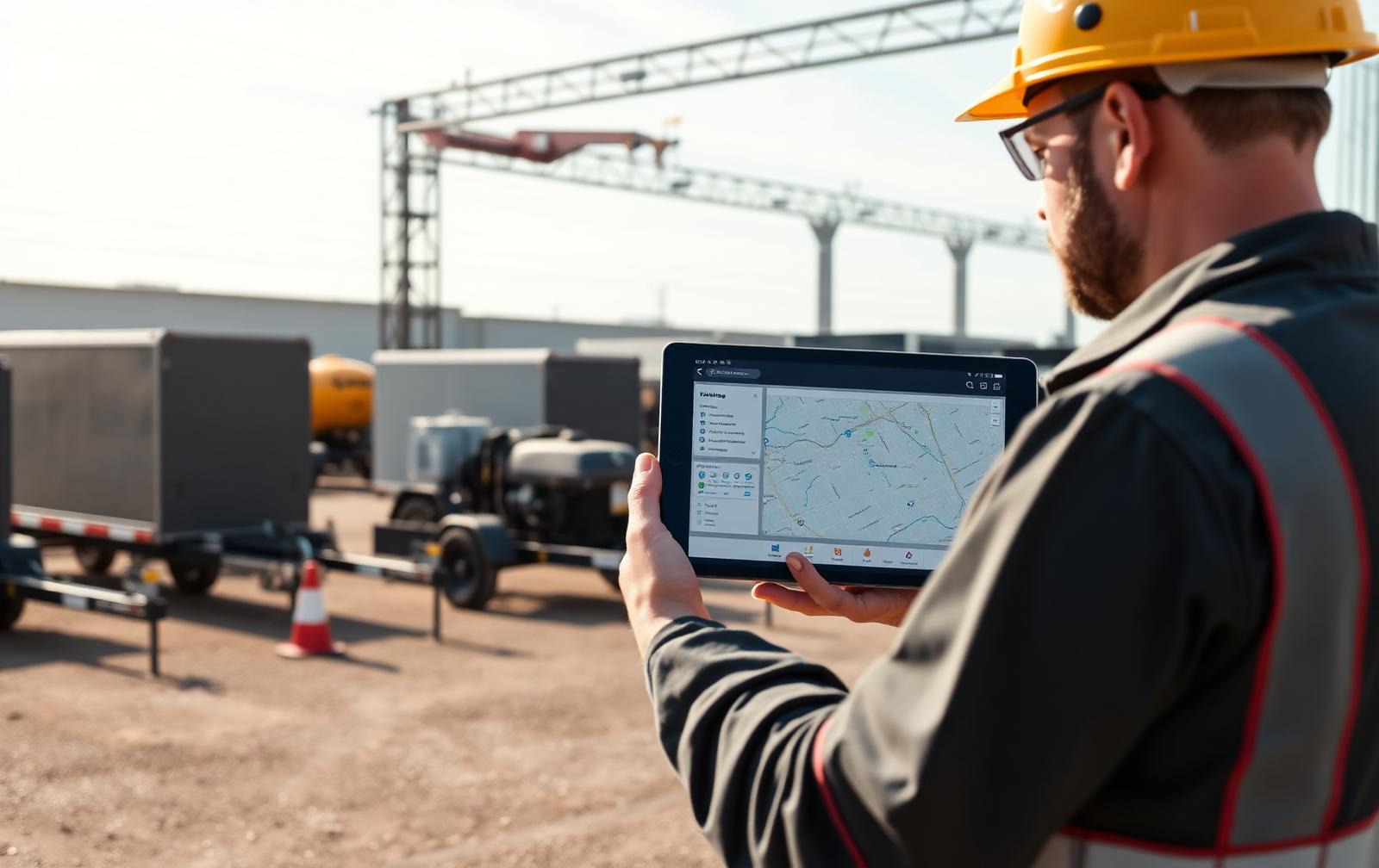 Technician reviewing an ip³ labs IoT asset management tracking map for trailers and equipment in a yard