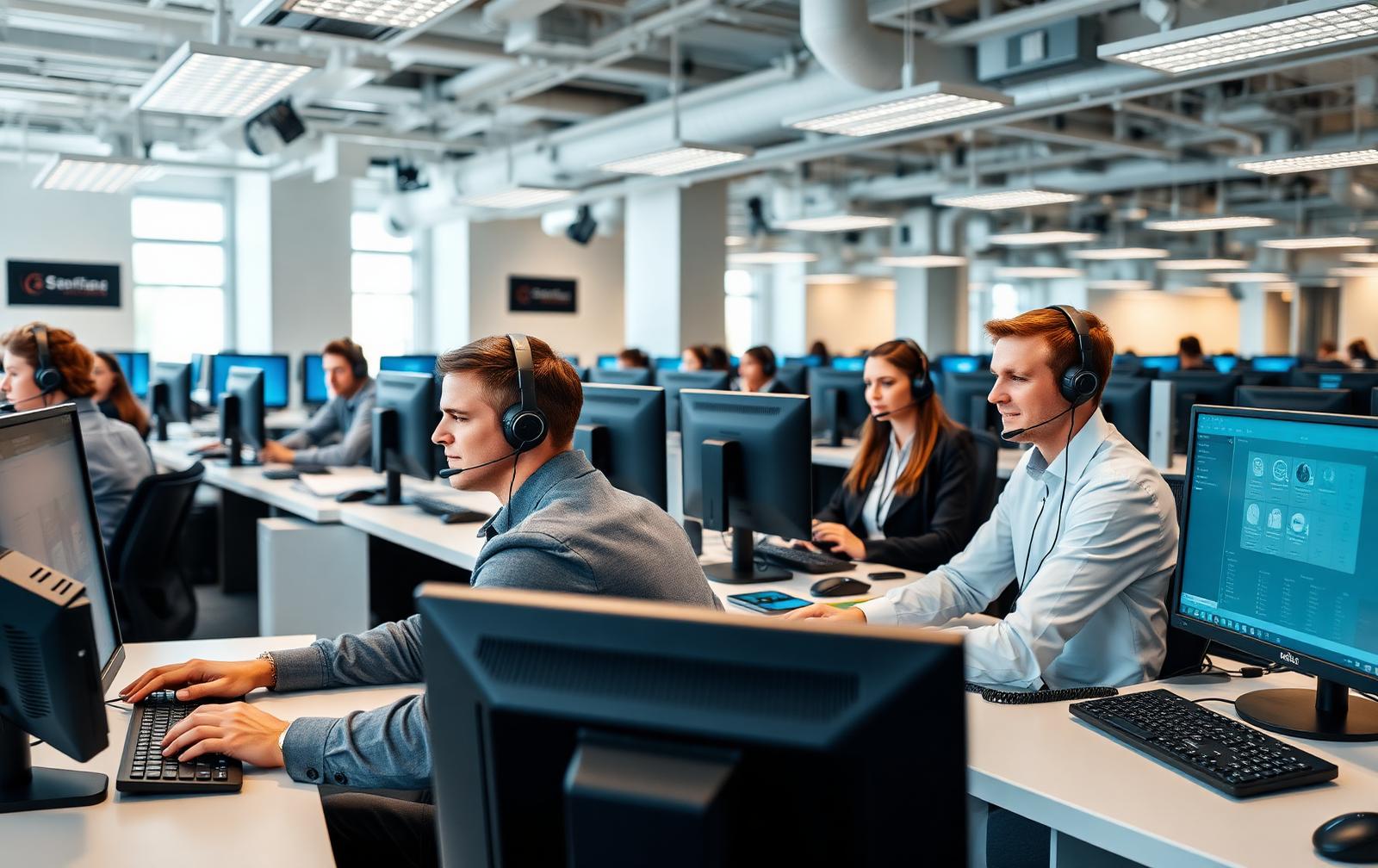 Office and dispatch teams using ip³ labs VoIP desk phones and softphones with headsets