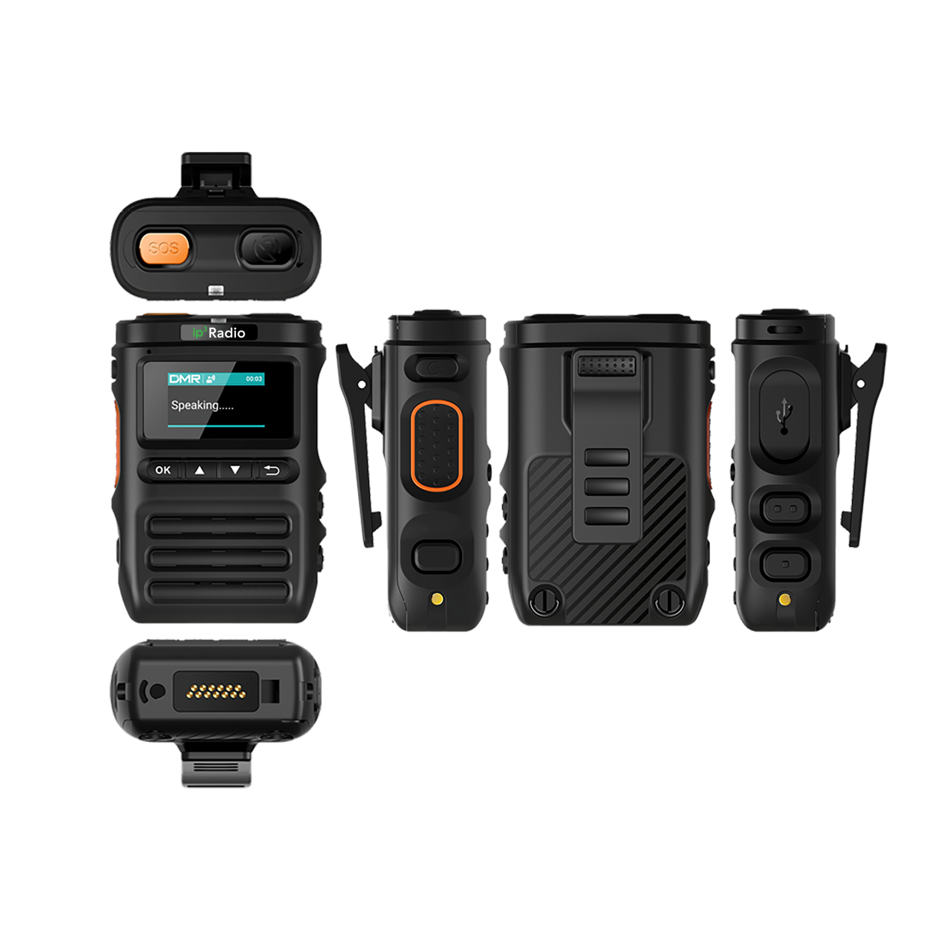 InteliMIC six-view product render including SOS button, PTT, USB-C port and accessory connector